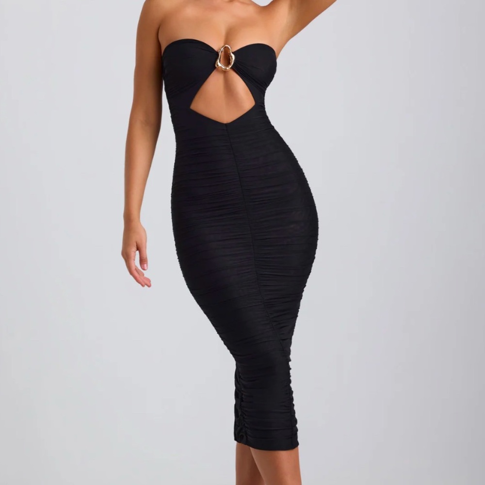 Oh Polly Ruched Hardware Detail Strapless Midaxi Dress in Black
